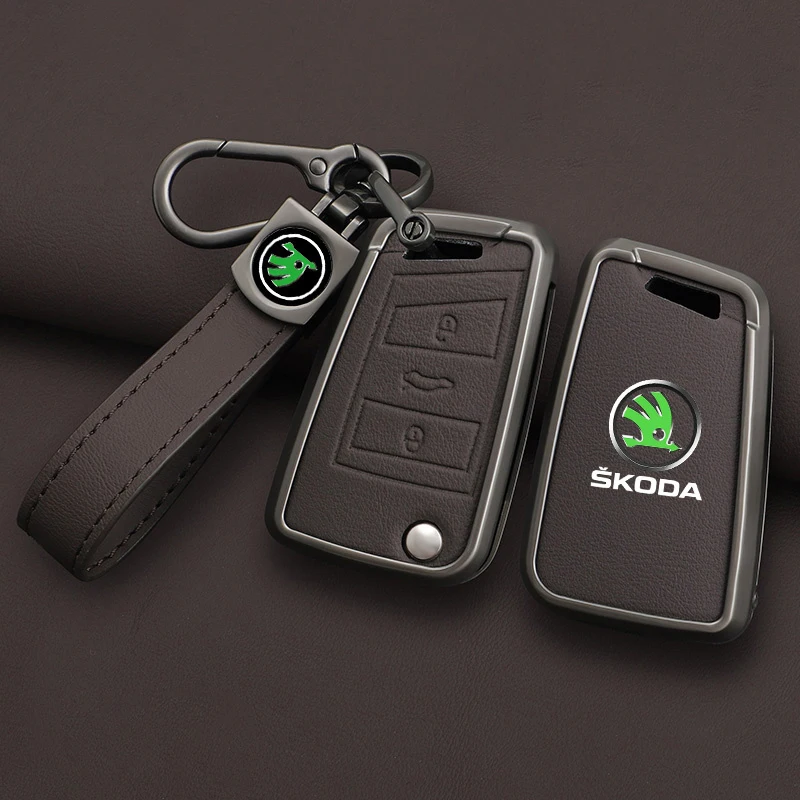 Zinc Alloy Leather Car Remote Key Case Cover Protector Shell Fob For Skoda Superb A7 Kodiaq Octavia A7 A8 Keychain Accessories