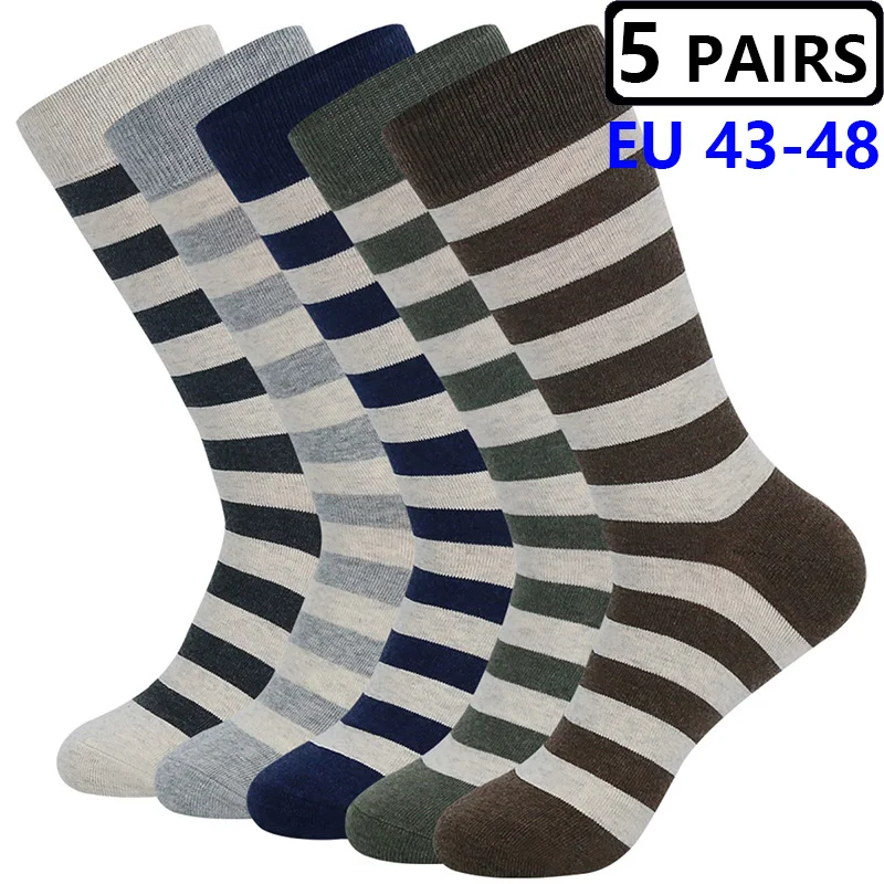 

5pairs Plus Size 47,48 Mens Dress Socks stripe High Quality Combed Cotton Crew Big Socks Business Breathable Casual Sock for men