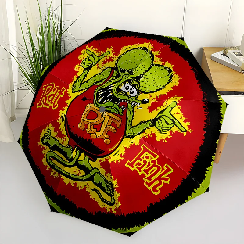 

Зонт Rat Fink — компактный 3-складной дизайн с автоматическим открытием/закрытием, винтажный хот-род Car & Rat Fink Art, красные и зеленые цвета в стиле ретро, свет