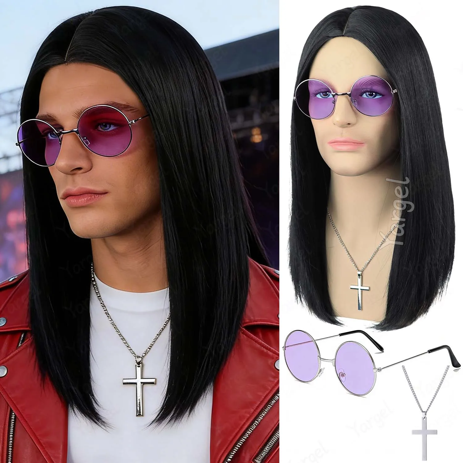 

Синтетический длинный черный прямой парик для мужчин + крестообразное ожерелье и фиолетовые очки, 18 дюймов, парик в стиле хэви-метал 80-х для косплея на Хэллоуин
