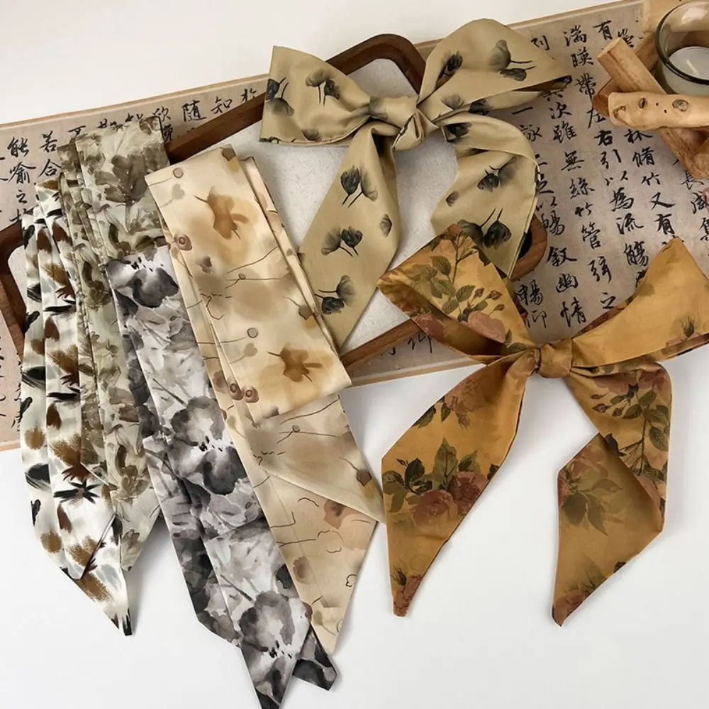 Bufanda de seda larga elegante con pintura de tinta, cinta para el pelo, pañuelo largo de seda, bufanda estampada, tocado, banda para el pelo antigua para mujer