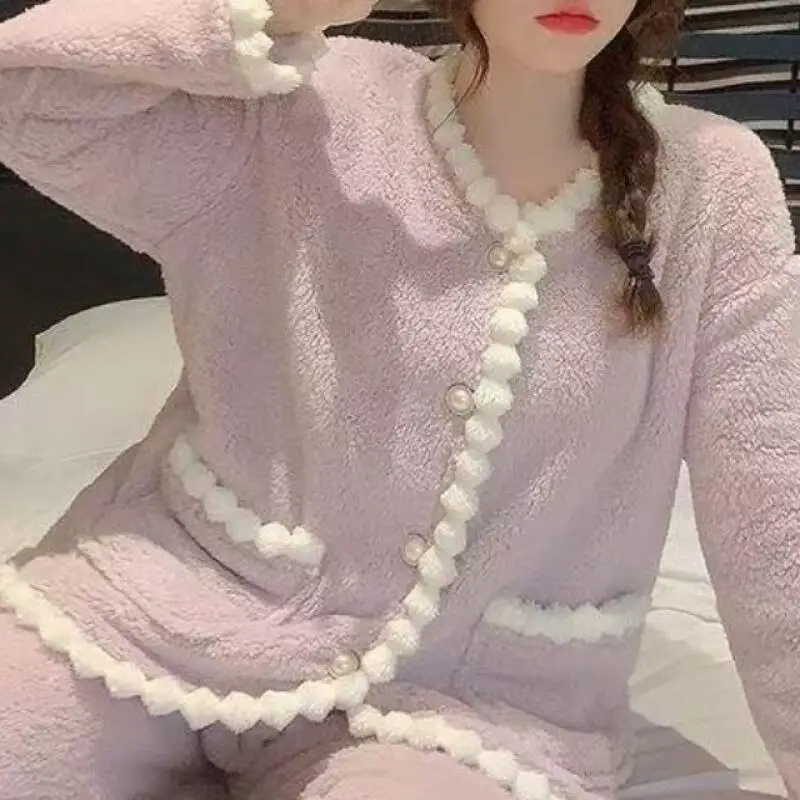 الأميرة الدانتيل المرجان الخامس الرقبة المخملية منامة مجموعات فتاة طويلة الأكمام الحلو Kawaii الترفيه ارتداء الدفء الخريف الشتاء الملابس جديد