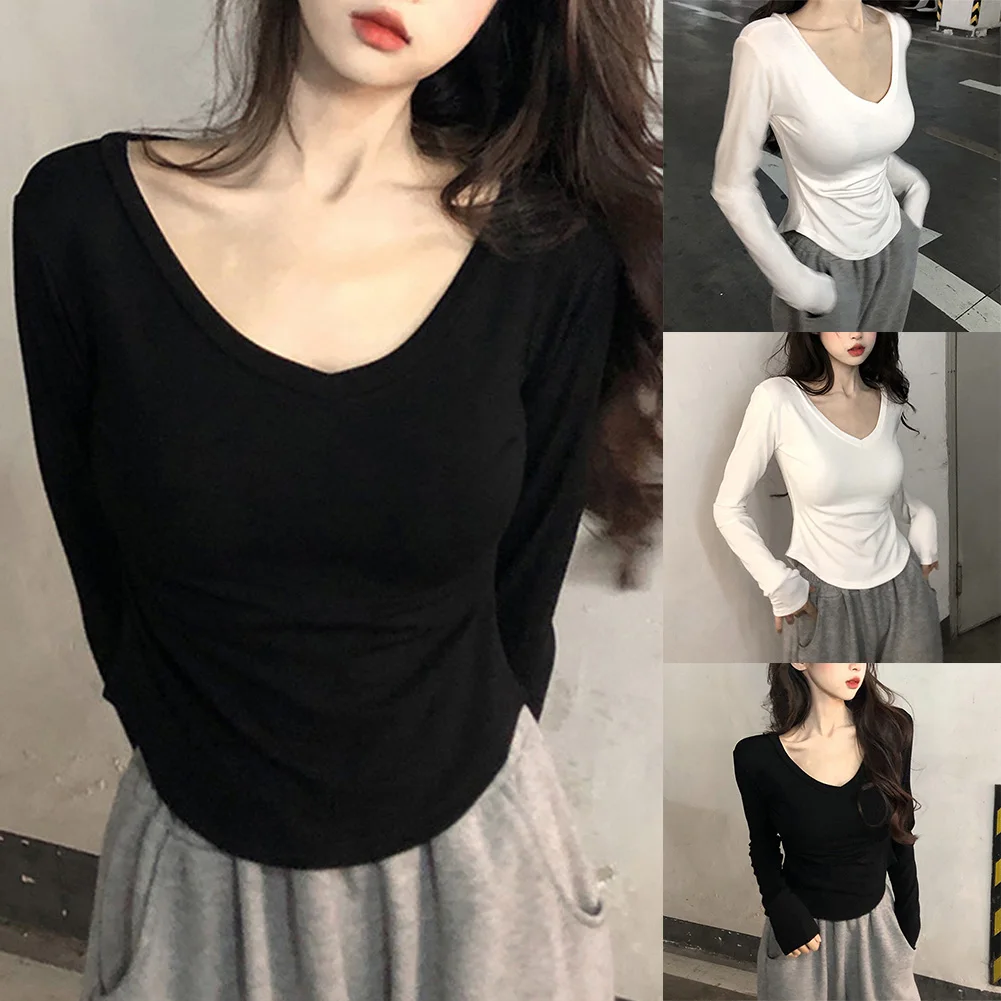 Manga longa para mulher fino ajuste vneck camiseta outono topo cor sólida casual wear leve tecido elástico confortável e elegante