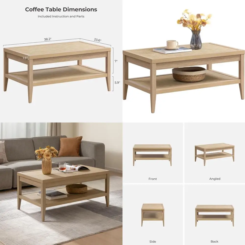 

Boho Style 2-Tier Rattan Coffee Table with Storage for Living Room or Home Office, Light Oak Finish