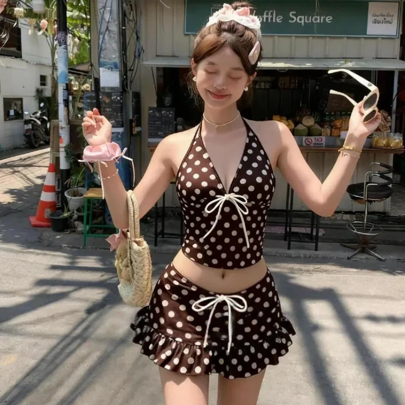 Vintage Y2K Swimming Suit for Women Sexy Backless Crop Tops Triangle with Skirt Bikini Set Beach Swimsuit Vacation 3pcs Swimwear