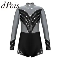 Gymnastics Bodysuit for Girls Kids Ballet Leotard Long Sleeve Shiny Skating Jumpsuit Jazz Dance Costume Children Dance Wear