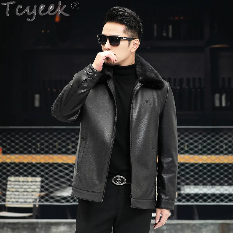 Tcyeek Real Leather Jacket Men Rabbit Fur Coat Winter Clothes Sheepskin Real Fur Coats Warm Mink Fur Collar 2024 Куртка Мужская