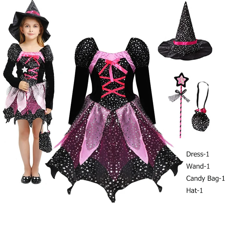 Kids Glitter Star Witch Fancy Dress Long Sleeve Irregular Mesh Gown Full Accessories Girls HalloweenTrick Or Treat Party Costume