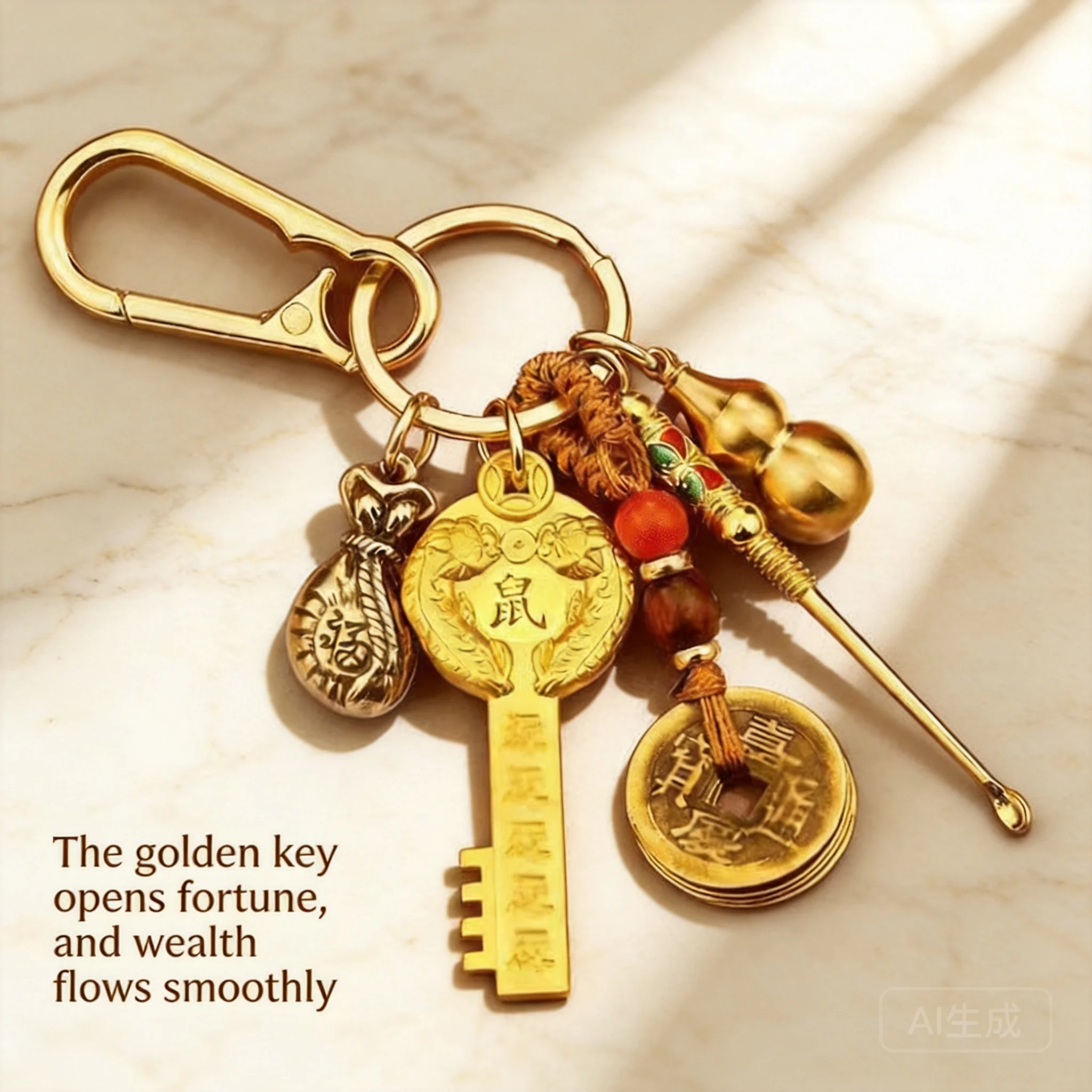 2026 Chinese Style Brass Keychain 12 Zodiac Lucky Key Fortune Bag Ear Pick Gourd Pendant Feng Shui Wealth Attracting Hanging Orn