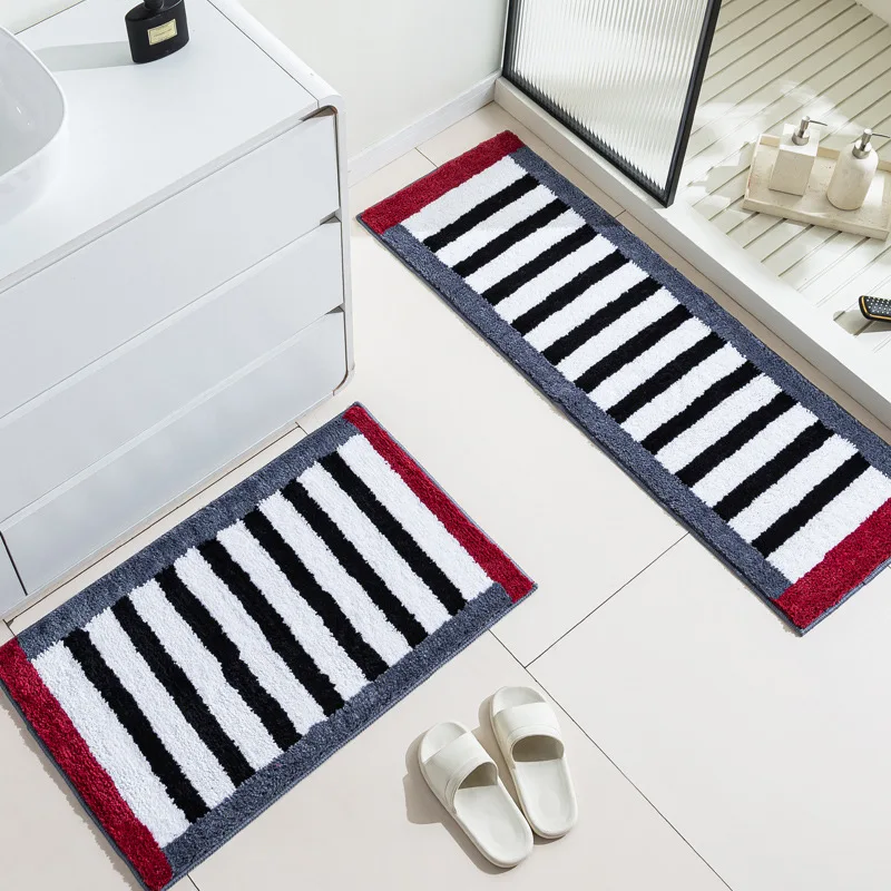 Fashion Striped Bath Mat Set Thickened Flocked Microfiber Bathroom Rugs Bedroom Bedside Area Rug Soft Absorbent Non-slip