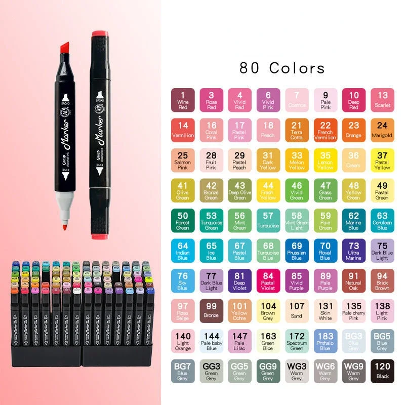 

80-color Anime Color Black Square Rod Double-headed Marker Pen Bag Portable Alcohol Oil-based Painting Pen Art Stationery