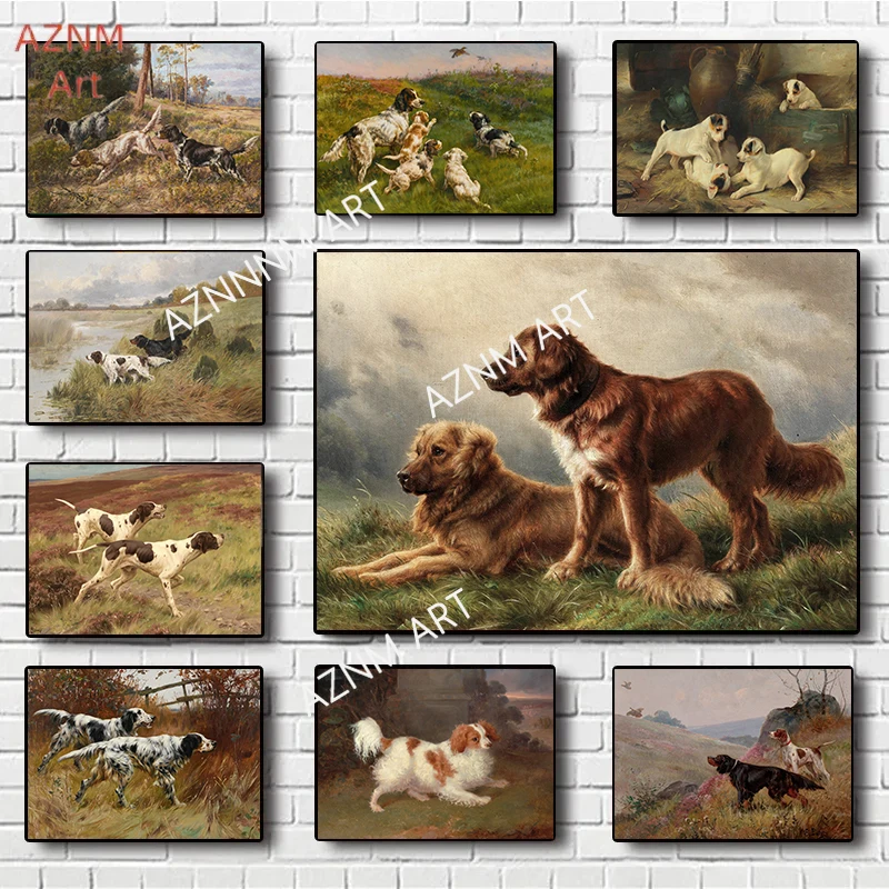 Vintage Dog Portrait Print Poster Setters Foxhound Spaniel Collie Canvas Painting Farmhouse Pet Wall Art Picture Home Decor