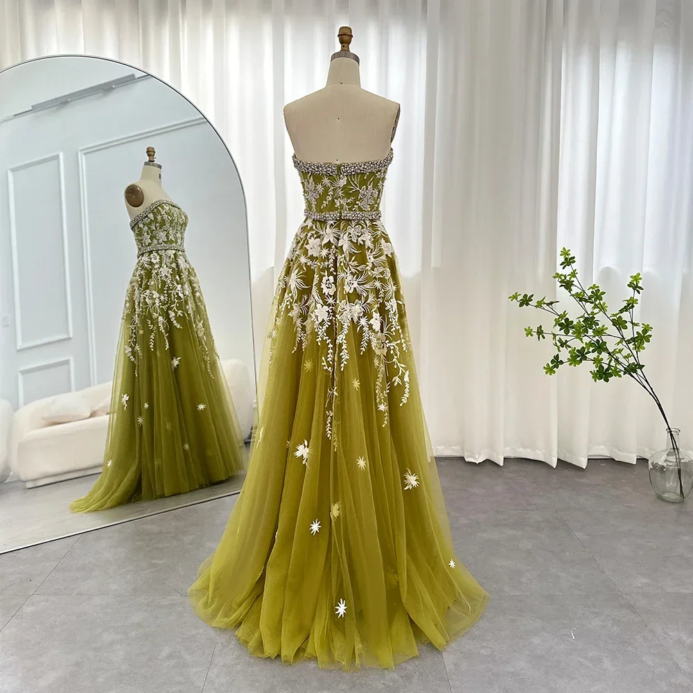 Elegant Strapless Sleeveless Appliques Evening Dresses Luxury Crystal Floral A-Line Gowns Floor Length Party Evening Dresses