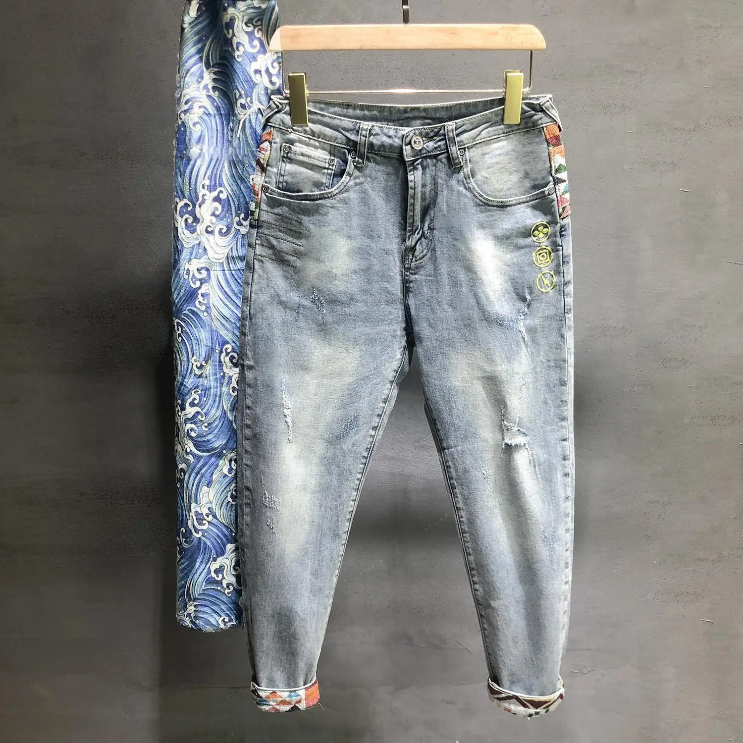 الرجال الراقية المطرزة خليط الجينز ، سليم صالح كاوبوي السراويل ، الكورية الفاخرة مصمم الملابس ، عادية موضة ، مصمم #4