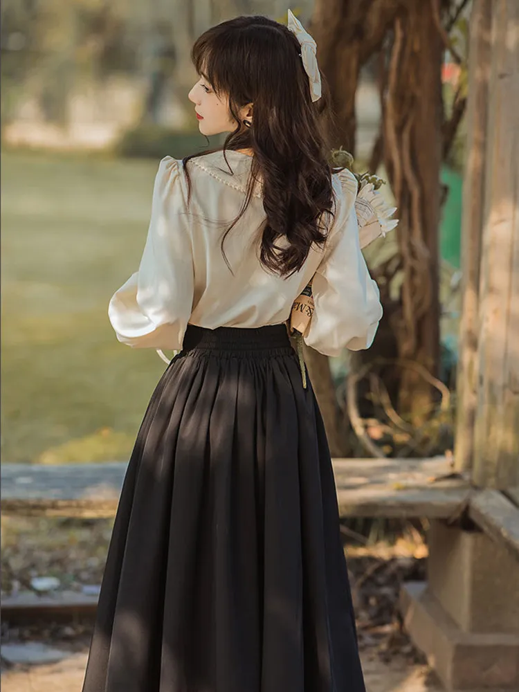 MAGOGO French Retro Palace Style Princess Skirt Sets Women Lolita Baroque Light Lace Long Skirt Vintage Long Short Sleeve Shirt