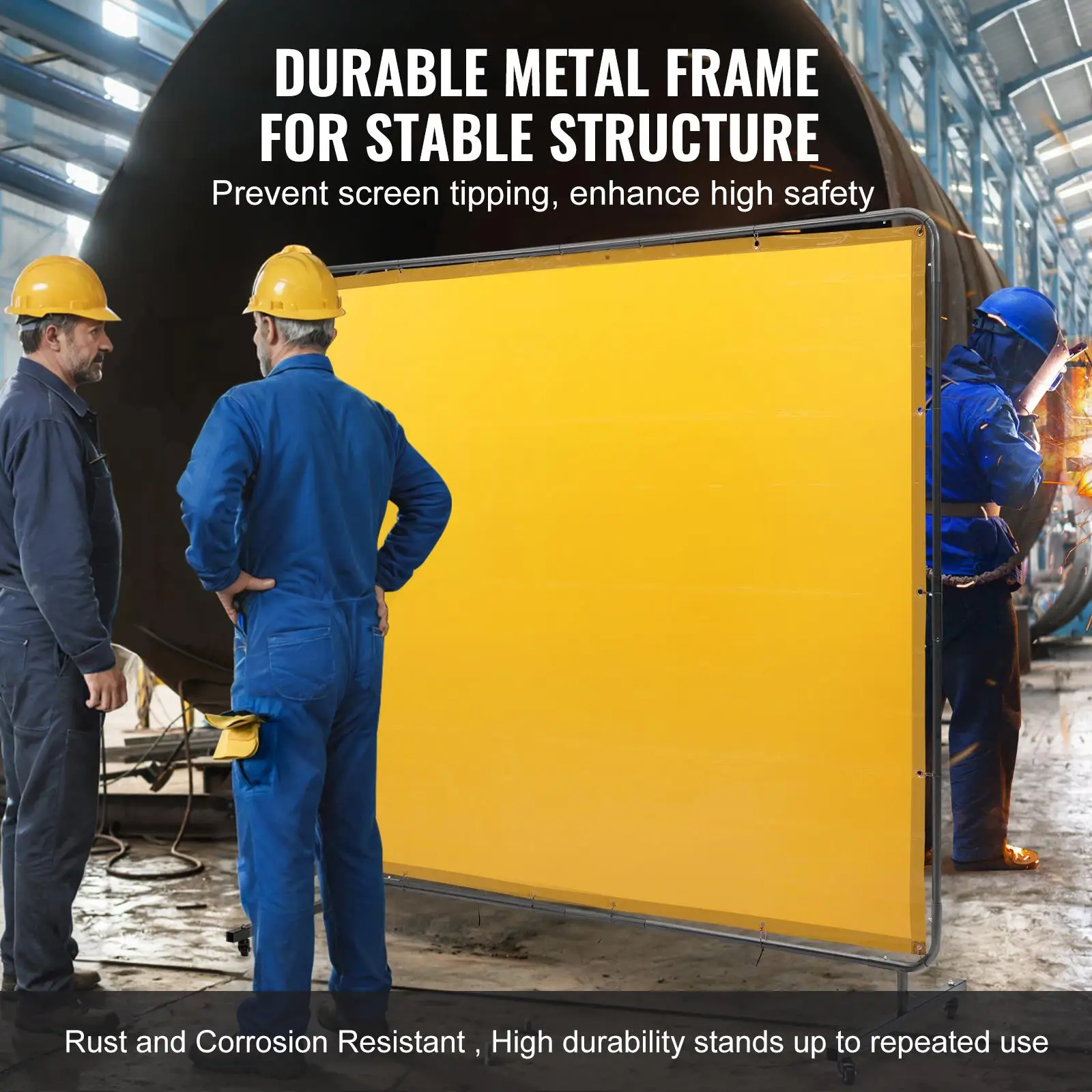 Flame Resistant Vinyl Welding Screen with Frame 6' x 8' Protective Curtain Barrier 4 Swivel Wheels 2 Lockable Wheels for workshop Industrial Use
