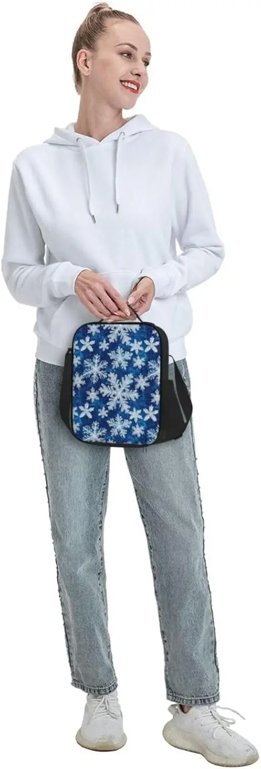 Fiambrera para adultos con estampado de copos de nieve azules y blancos para mujeres y hombres, bolsa térmica pequeña aislada con correa ajustable para el hombro