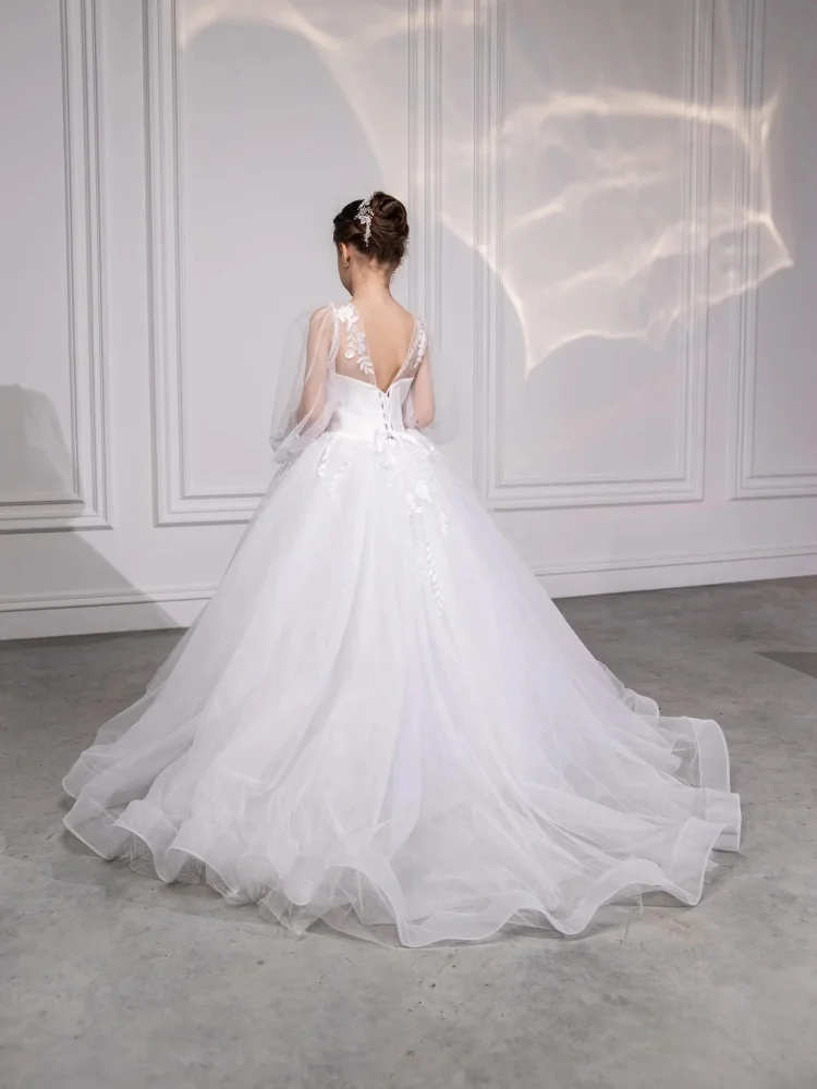 Custom Flower Girl Dress Sheer Puff Sleeve Handcrafted 3D Floral Applique V-Back communion wedding photoshoot Studio Photoshoot