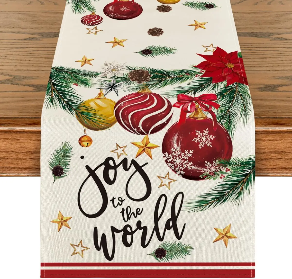 Christmas Joy To The World Xmas Balls Linen Table Runner Home Party Decor Winter Xmas Pine Cone Table Runner Kitchen Table Decor