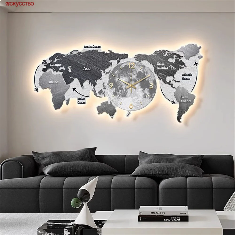 Nordic Minimalism World Map Clock Led Wall Lamp Living Room Mural Sofa Background Hanging Painting Study Office Cafe Night Light