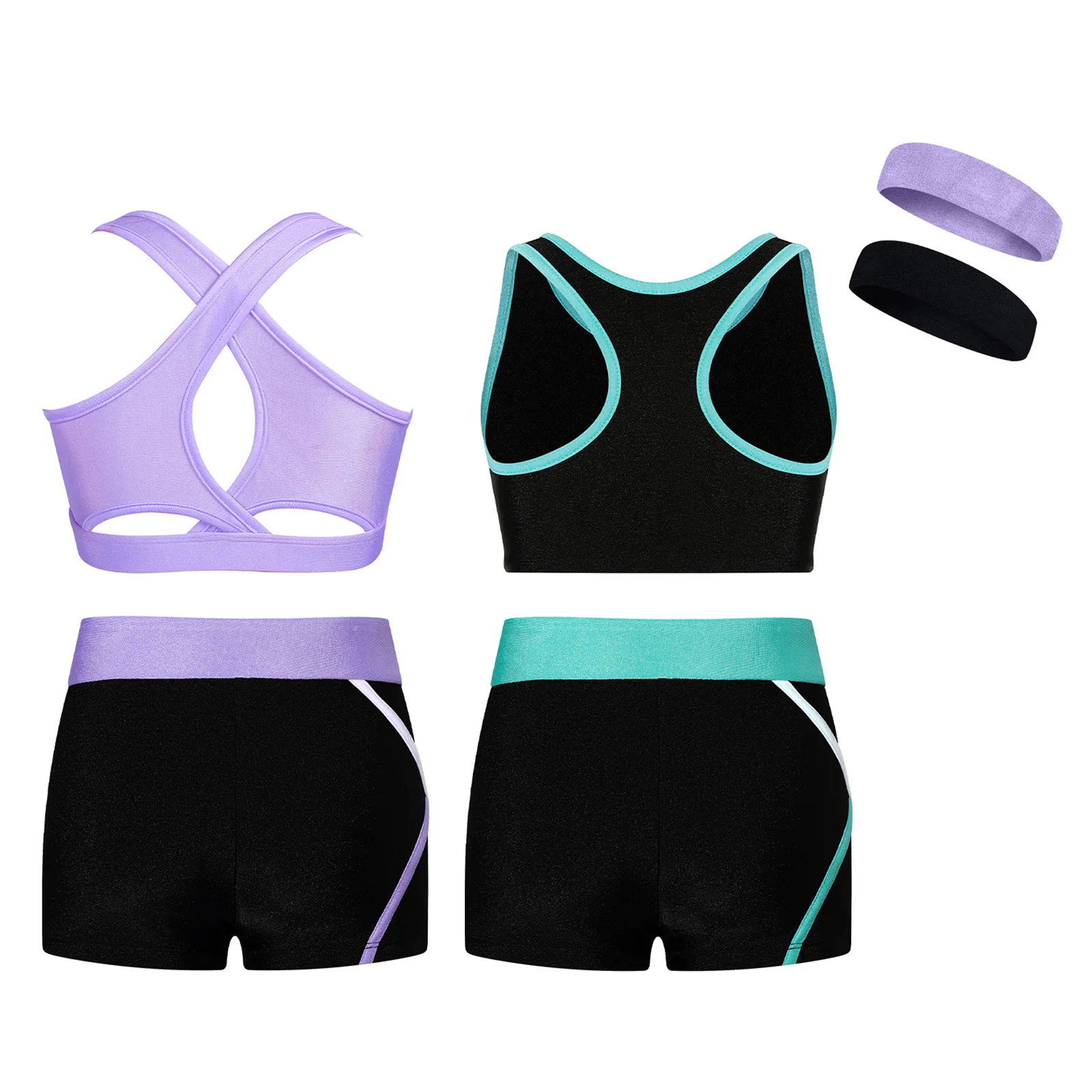 Kids Girls 6 PCS Athletic Sets Crop Tank Tops and Booty Shorts Sports Headband Set Gym Yoga Workout Activewear Tracksuit