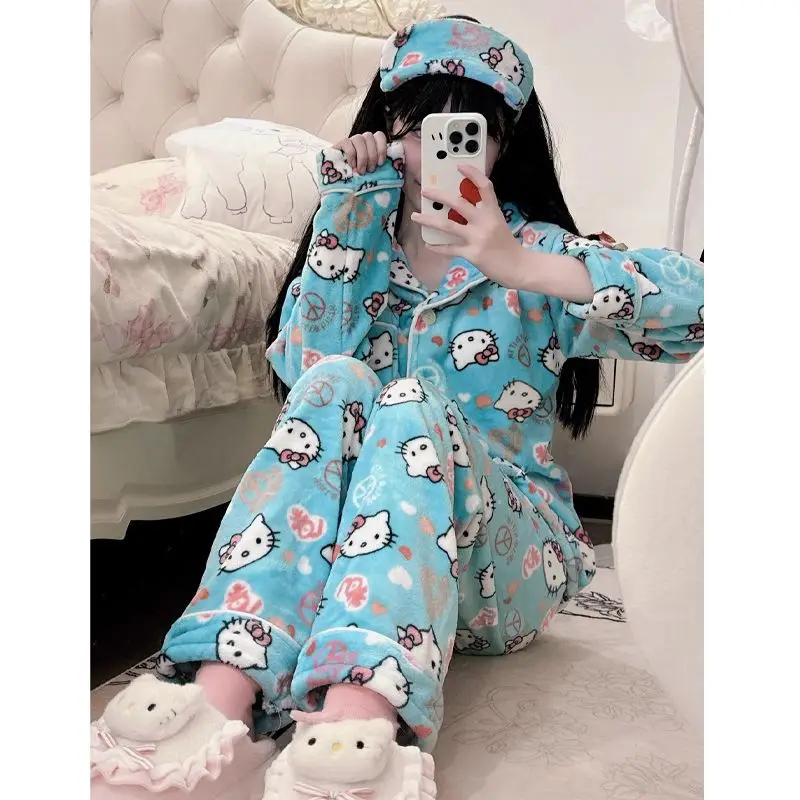 

Коралловые бархатные пижамы Sanrio Hello Kitty с принтом Kawaii, осенне-зимняя утолщенная домашняя одежда, милый студенческий костюм с сердечками для девочек