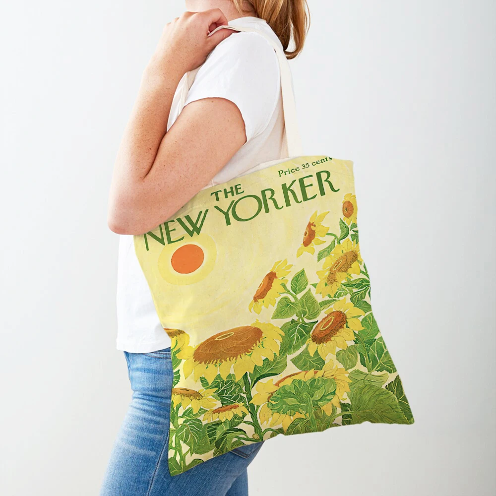 New Yorker City Magazine Women Shopping Bags Double Print Casual Shopper Bag Vintage Lady Canvas Tote Leaf Flower Handbag