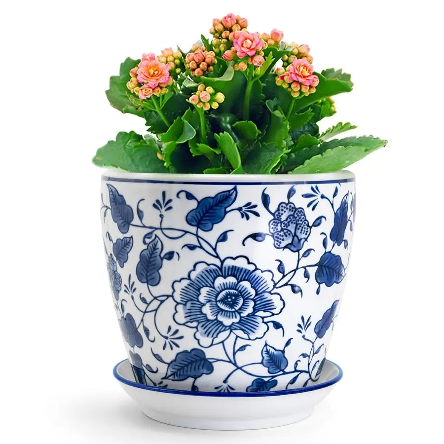 

8 inch Ceramic Planters for Indoor Plants, Chinoiserie Decor Ceramic Pots for Plants Flower Plant Pots Indoor with Drainage and