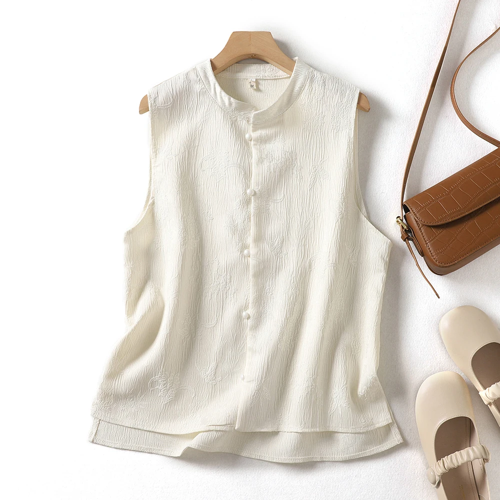 

Sli Chinese New Sle Pearl Buttonl Vest Summer Retro Artistic Wheat White Floral Embroidery Svel Top Women's Ja...