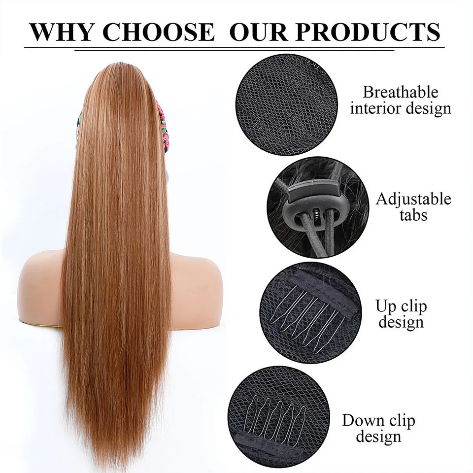 Blonde Brown Straight Drawstring Ponytail Extensions Synthetic Hair 28Inch 165g/pc Heat Resistant Ponytail For Women 2 Combs