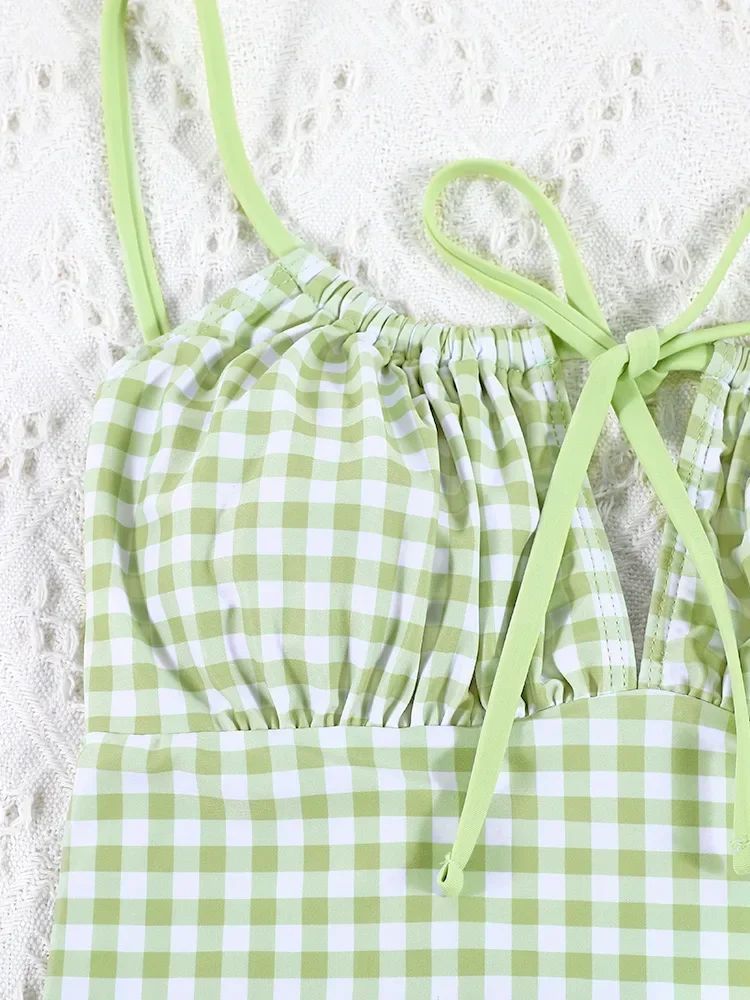 Miyouj String One Piece Suit Bandage Swimwear Women's Swimsuit Plaid Print Bathing Suit Sexy Swimming Wear Beach Monokini Summer