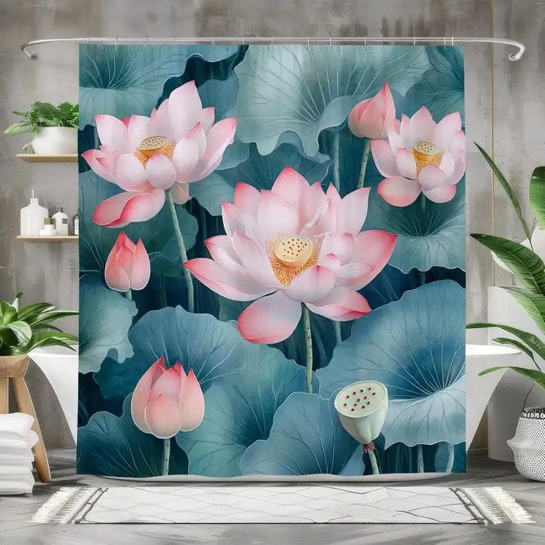 Lotus Flower Shower Curtain, Waterproof Fabric Bath Curtain, Zen Nature Bathroom Decor, Oriental Lotus Pond Design