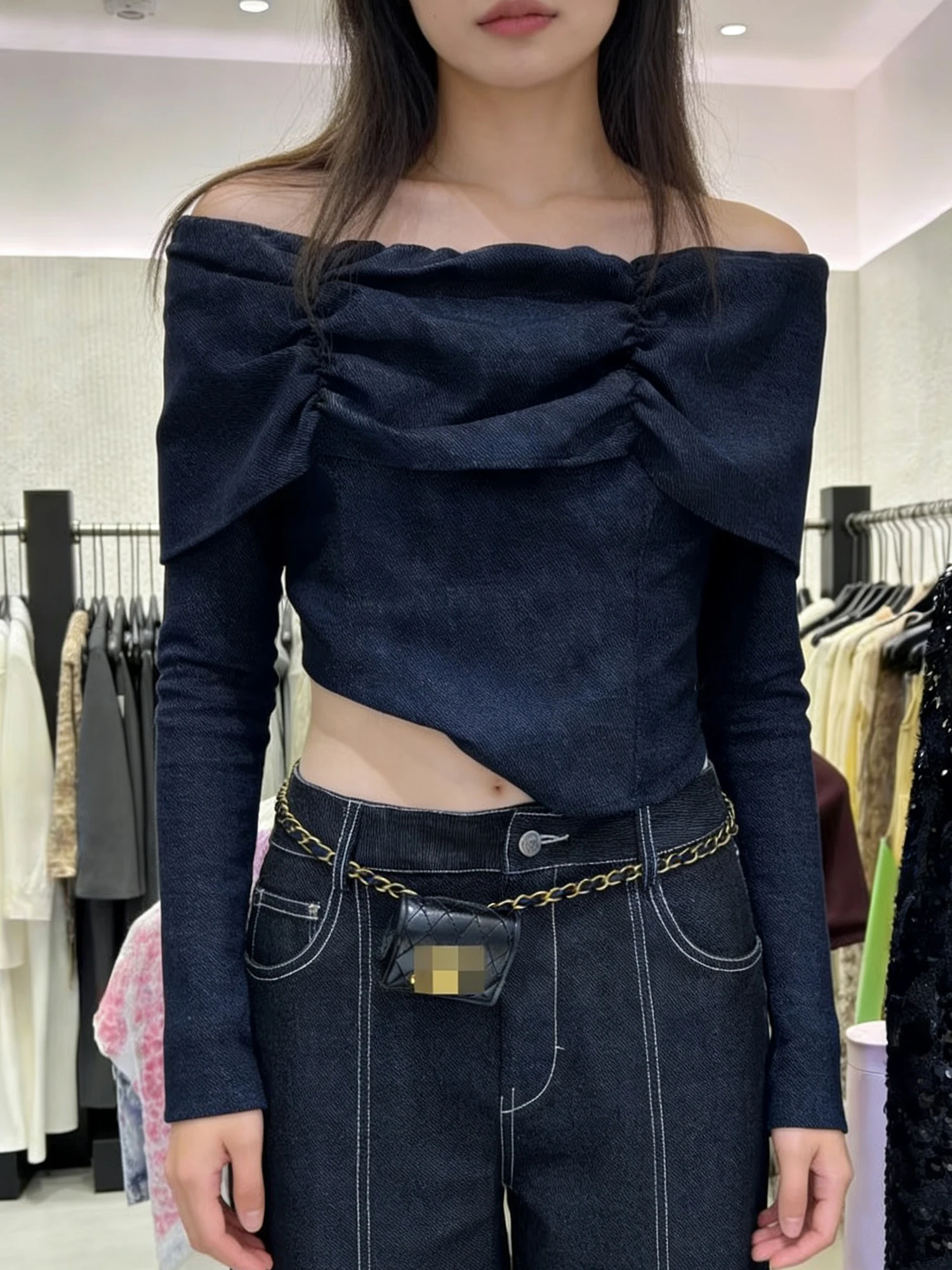 

Spicy Girl Personali One-oulder Long Sve irt Women's Spring New Sle Slimming ort Top Korean Sle Commute Wind