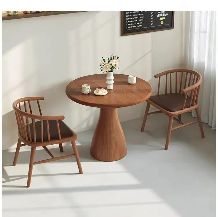 Modern waterproof round dining table, suitable for 6 people, no assembly required, bamboo board wood grain style
