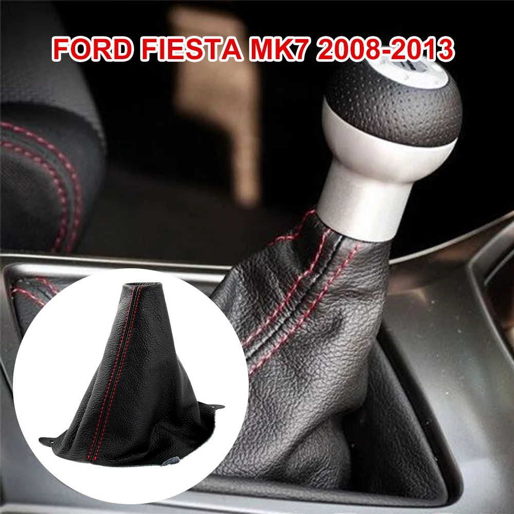 For Ford Fiesta Mk7 2008-2013 Red Stitch Black Leather Gear Shift Knob Cover with Gaiter Interior Accessories Manual Transmissio