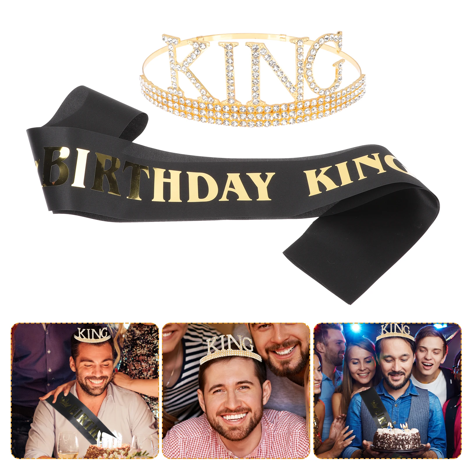 

Stunning Crown Headdress Set Rhinestone Royal Costume Accessories Birthday Prom Decorations for Men Durable Elegant King Sash