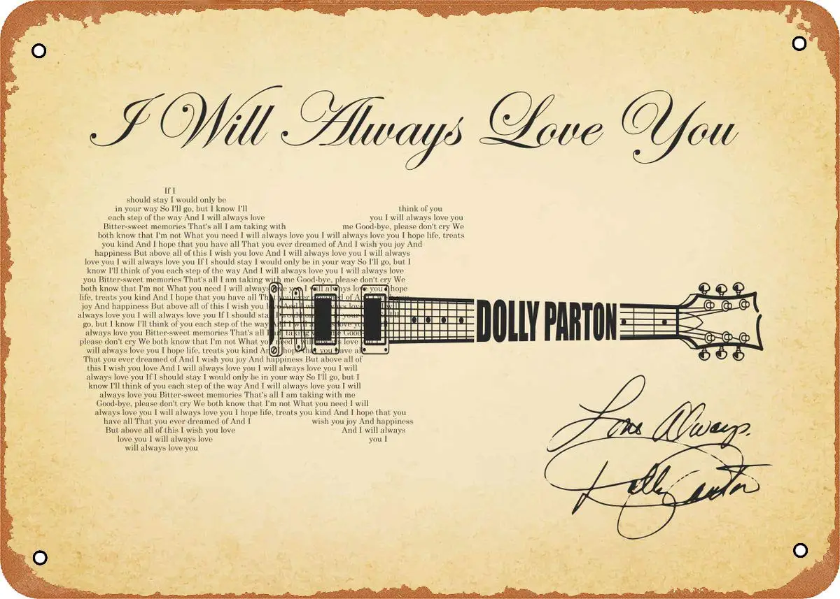FLmiling Guitar Shaped Rock Lyrics Dolly Parton Guitar Lyrics Plaque Poster Metal Tin Sign Retro Vintage 8x12 Inch Wall Dec sign