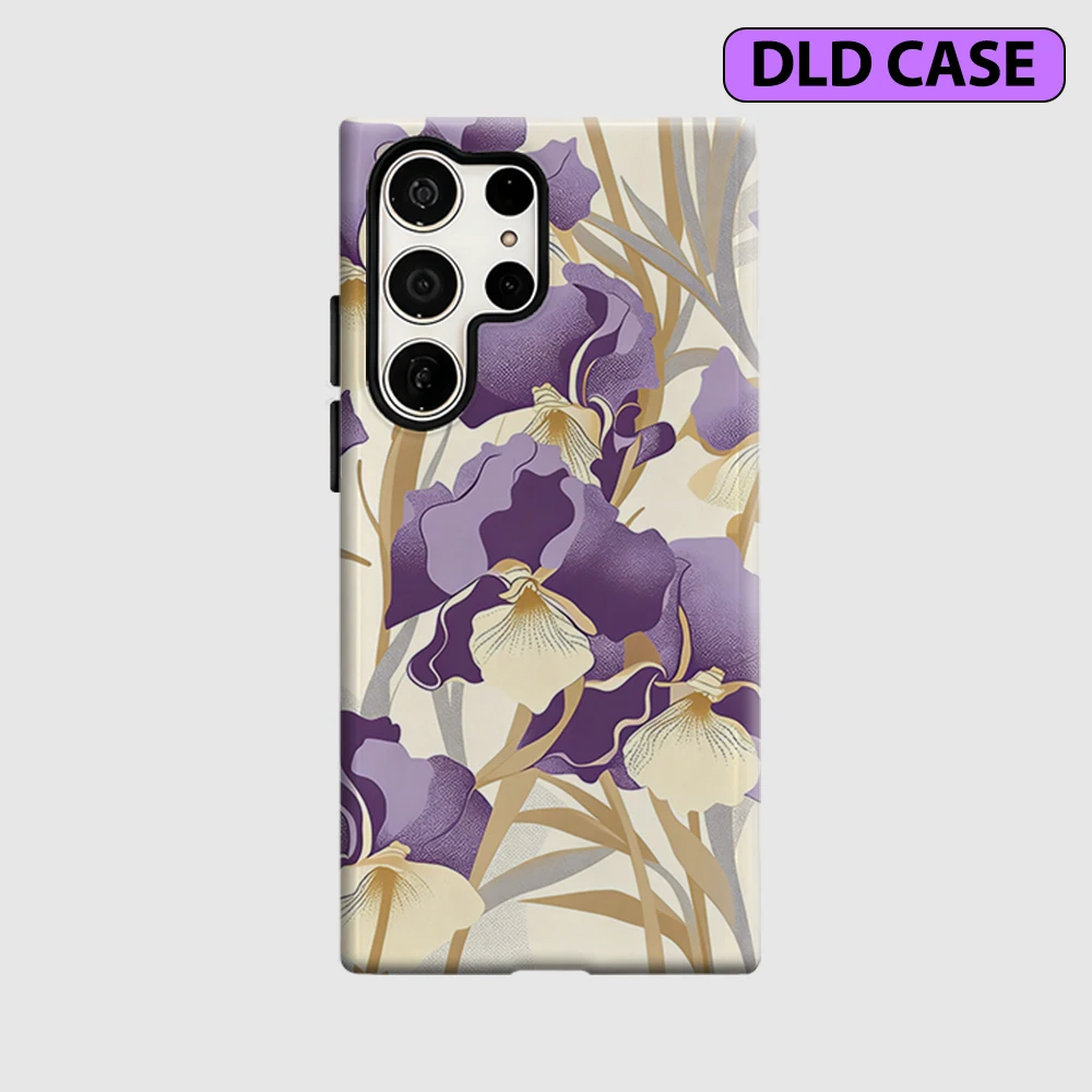 Elegant Iris Floral Phone Case for Samsung Galaxy S26 S25 Ultra S24 S23 Ultra Plus Shockproof Double Layer Tough Back Cover