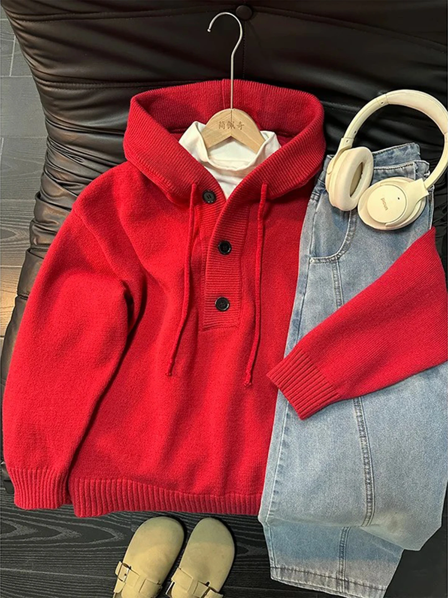 

American Sle Hooded Red Knitwear Men's Heavyweight Warm Winter Cisas Casual Wear Luy Year Clothing Outerwear