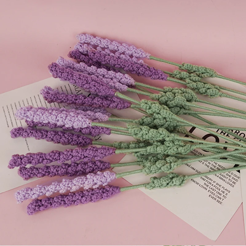 Hand-knitted Crochet Lavender Artificial Flowers Bouquet Homemade Finished Home Desktop Decor Gifts Wedding Party Decorations