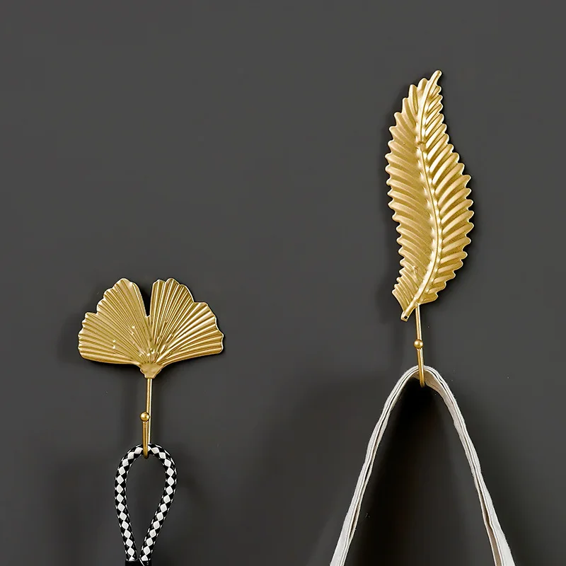 Nordic Wrought Iron Leaf Hook Gold Free-Hole Adhesive Wall Hanger for Coat Key Home Bathroom Decor