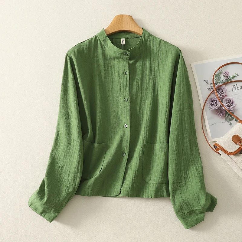 

Pure Linen een ort Coat Single Button Women's Autumn Long Sve irt Sweet Sle Cotton 65% Linen 35% Open Cardigan