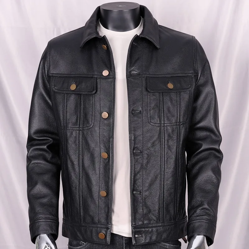 2024 New Fashion Men's First Layer Of Cowhide Leather Coats Lapel Male Casual Slim Jeans Motorcycle Genuine Leather Jackets