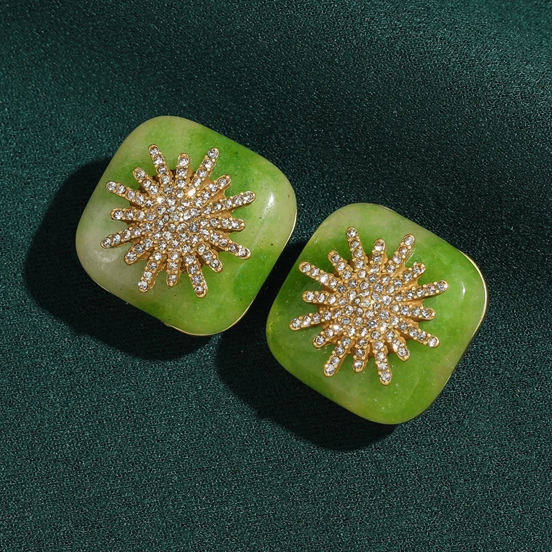 

Vintage Square Sunflower Green Agate Snowflake Pendant Earrings Gold Color Trendy Art Deco Jewelry Luxury High Quality Gift