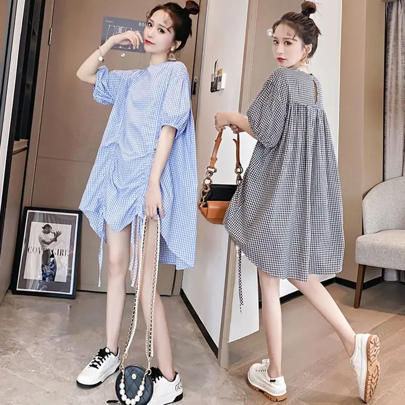 

Vintage Striped Drawstring Blouse Summer New Short Sleeve Asymmetrical Lacing Loose Trend Shirt Tops Fashion Trend Women Clothes