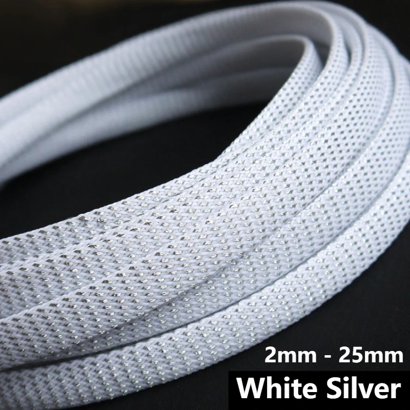 White Silver PET Braided Wire Sleeving 2/4/6/8/10/12/16/20/25mm Tight High Density Insulated Cable Protection Expandable Sheath