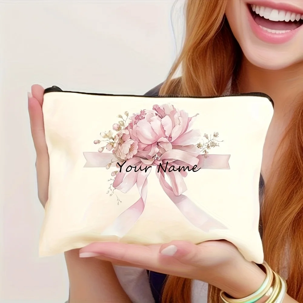 Personalized Pink Bow Cosmetic Bag with Custom Name Elegant Makeup Organizer and Pen Holder Floral Design Gift for Mother Gift