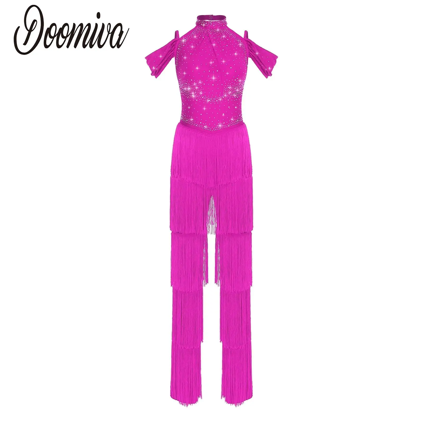 

Women Latin Jazz Ballroom Dance Costume Rhinestones Tiered Tassel Halter Off Shoulder Rompers Jumpsuit for Rumba Dance Party