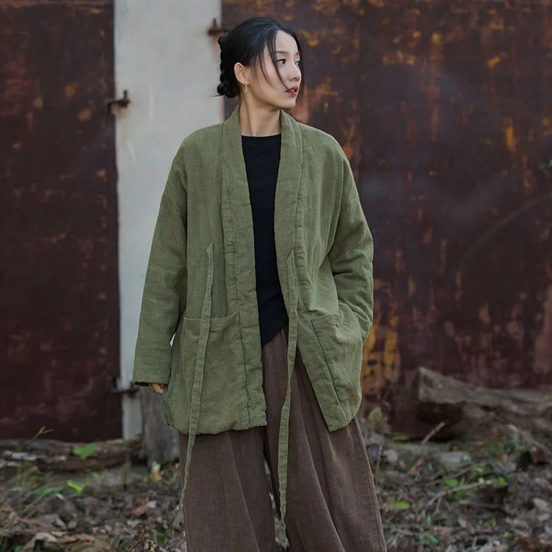 

Women Hanbok Ramie Cotton Fried color Quilted Jacket Winter Kimono Style V-Neck Loose Lace-Up Warm Coat Casual Padded Outwear