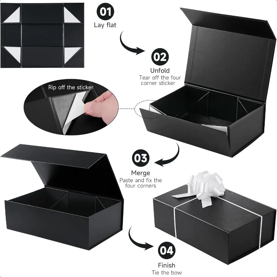 Kotak Hadiah Hitam dengan Tutup Magnetik untuk Hadiah, Kotak Hadiah Kecil untuk Pembungkus Kado untuk Proposal Groomsman, Ulang Tahun, Natal
